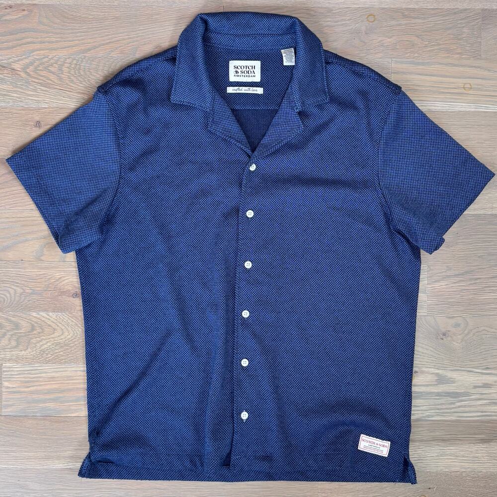 Scotch & Soda Jacquard Camp Shirt Short Sleeve Blue Knit Mens Size Medium